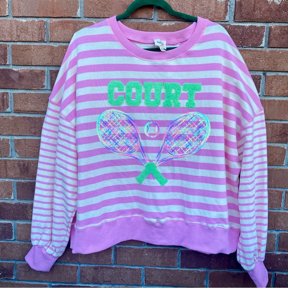 Peach Love In The Court Sweatshirt Stripe Pink Pickleball Oversized Medium NWT